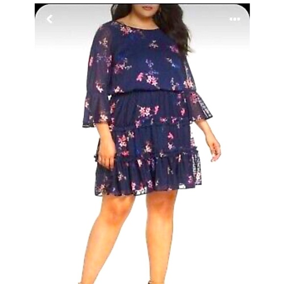 Eliza J Navy Floral Clip Dot Blouson Tiered Sheer Mini Dress with Pink Blossoms - Picture 1 of 14